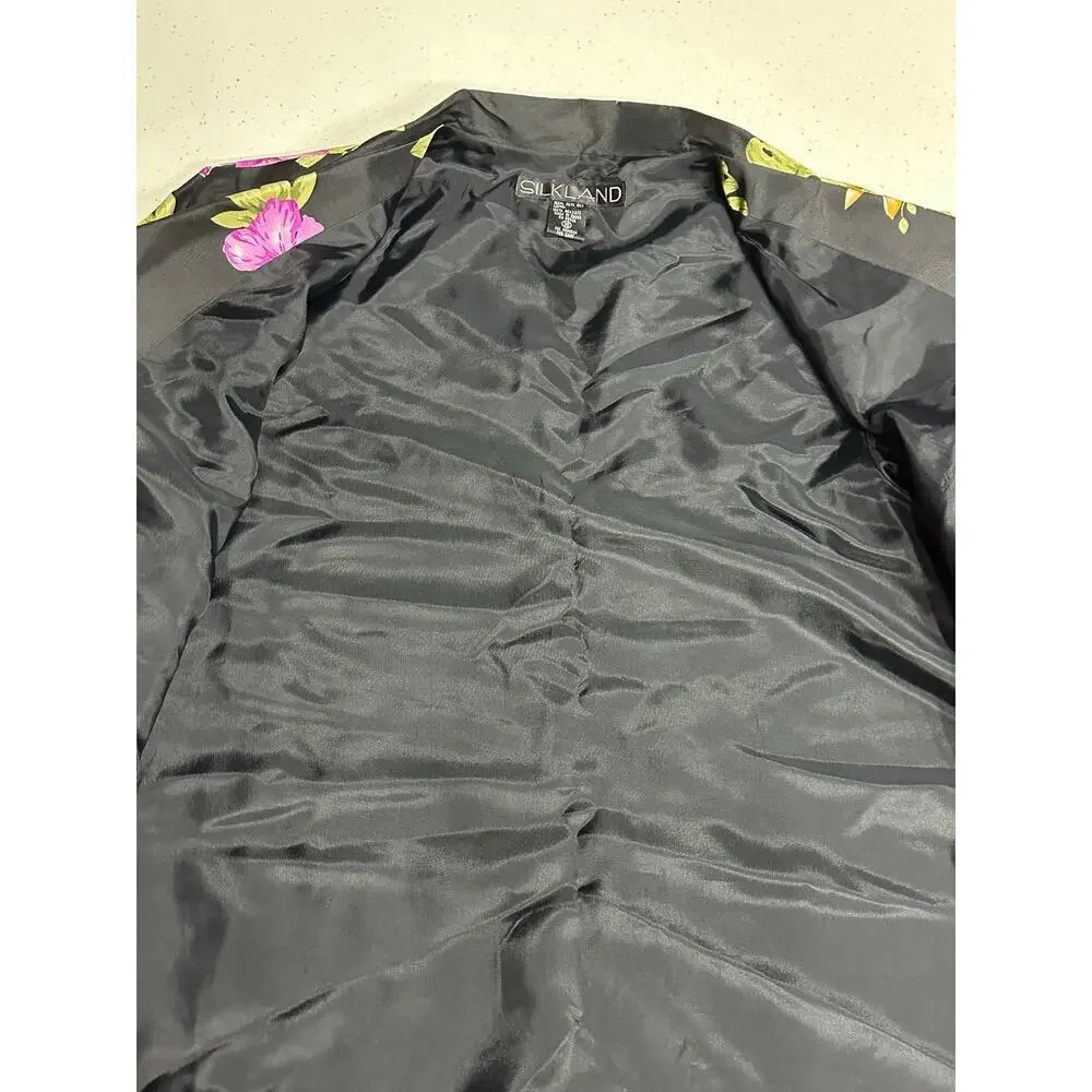 Silkland 100% Silk jacket Blazer Black Tropical Flowers 16 Resort vacation beach - Picture 10 of 13